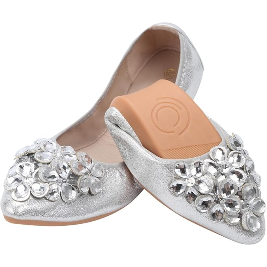 Luxurious glittering rhinestone women's flats, comfortable & foldable for effortless elegance.