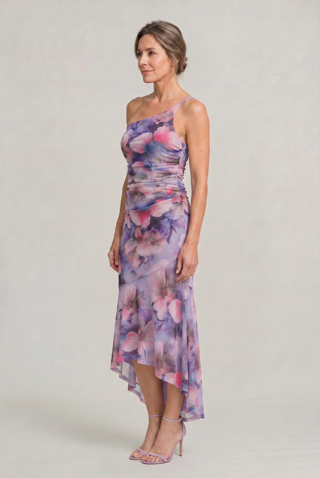 Women's elegant floral one-shoulder party dress, ideal for cocktail events, evenings, and special occasions.