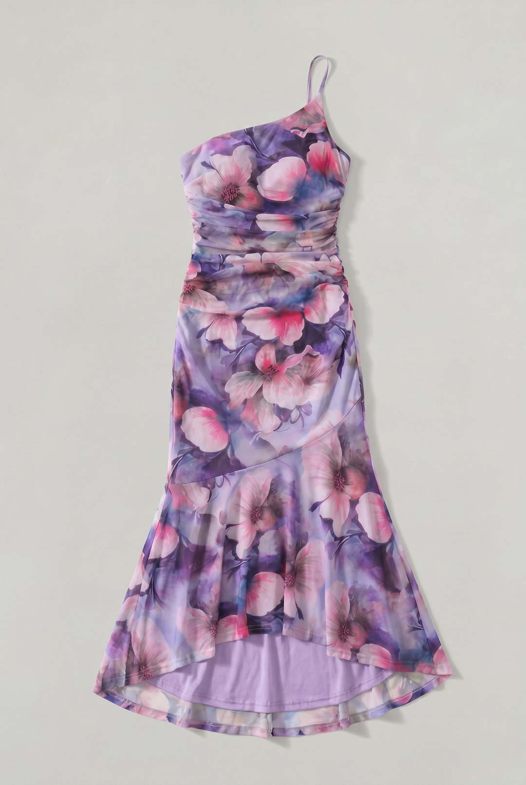 Effortless women's floral one-shoulder dress, featuring an asymmetric high-low hem & elegant ruched waist detail.