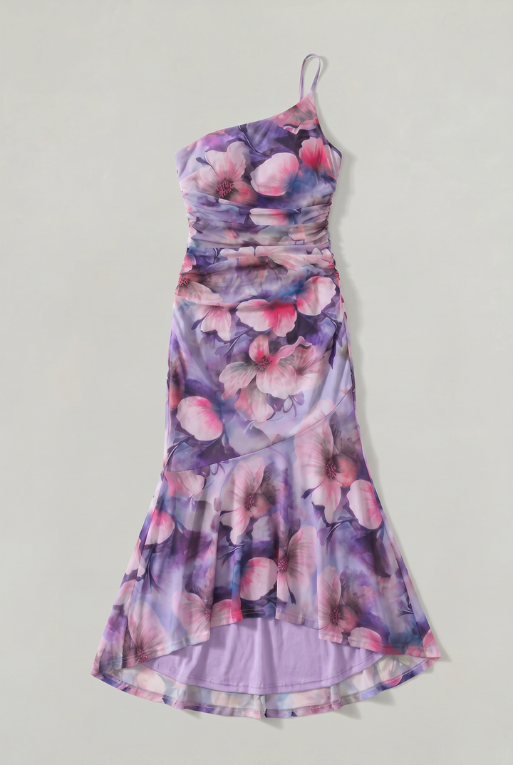Effortless women's floral one-shoulder dress, featuring an asymmetric high-low hem & elegant ruched waist detail.