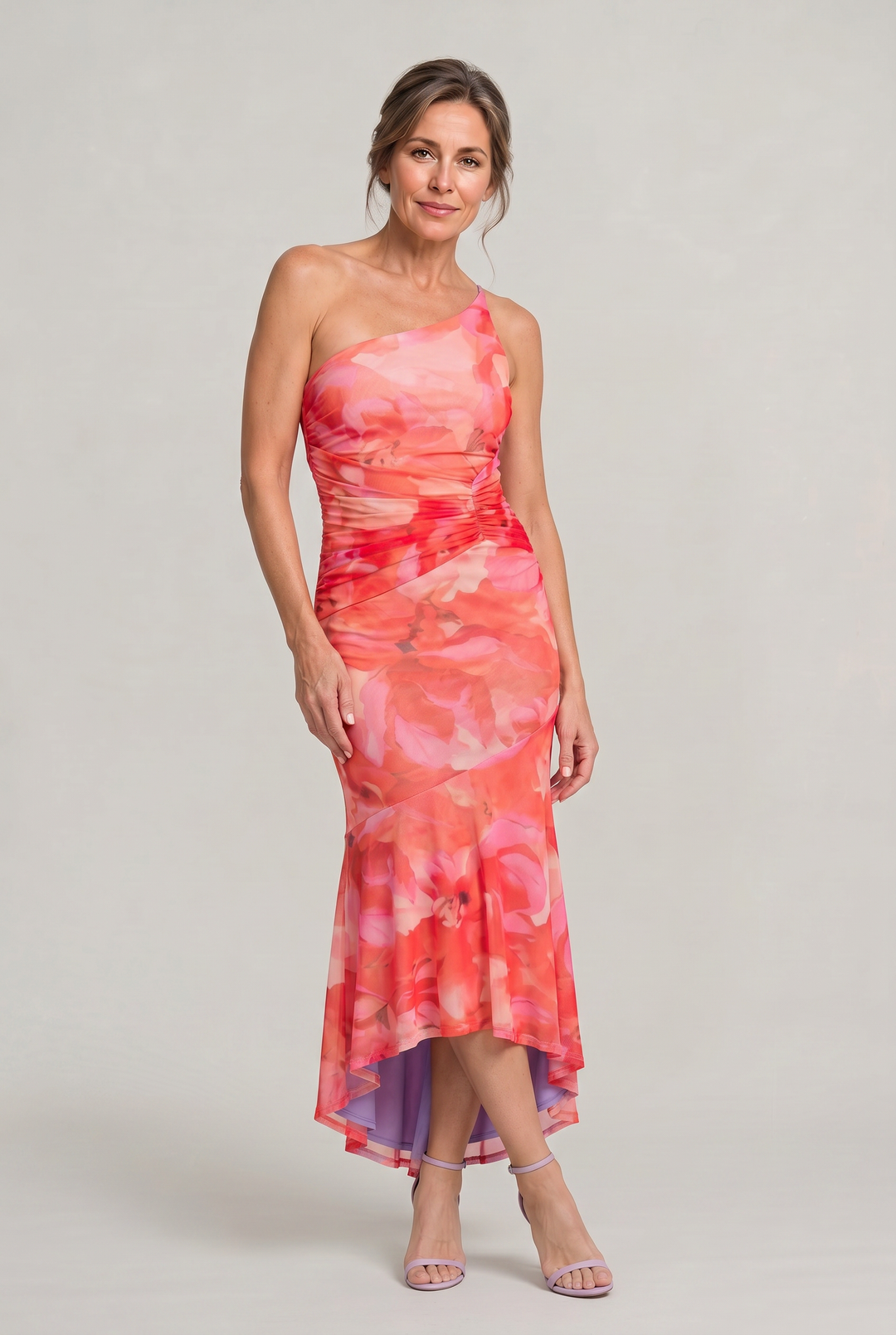 Chic women's pink floral one-shoulder party dress, perfect as a cocktail or evening gown for special events.