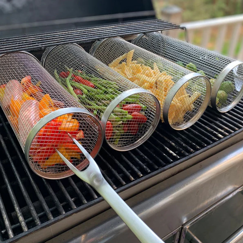 Stainless steel rotating grill basket for even cooking of vegetables & meats on your BBQ.