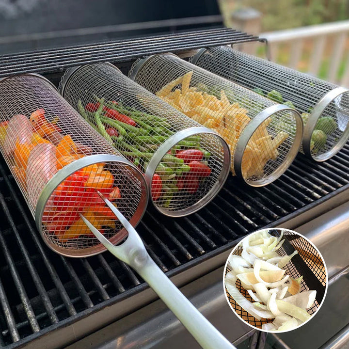 Rotating grill basket, a must-have stainless steel BBQ accessory for perfect outdoor cooking.