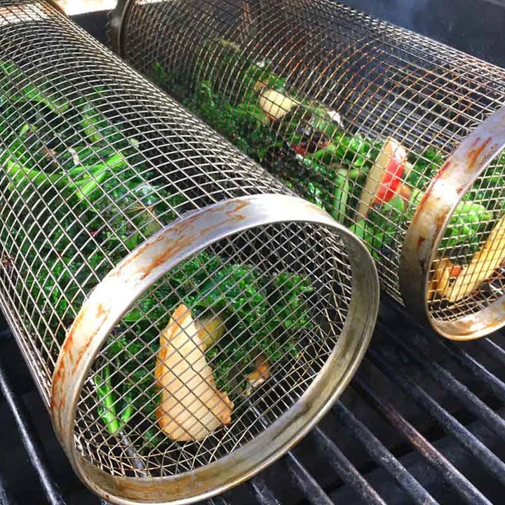 Innovative rotating grill basket for easy, even cooking; perfect for outdoor BBQ & smoker use.