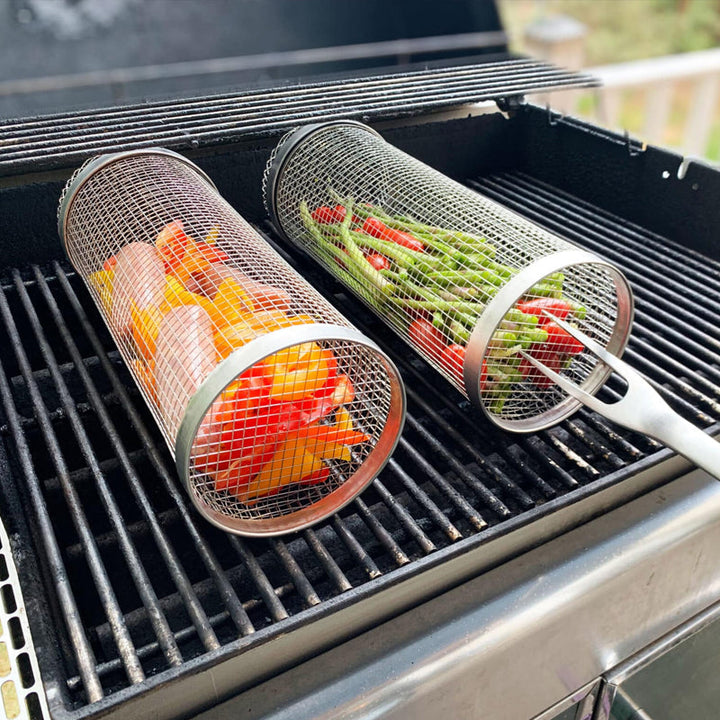 Get perfectly roasted veggies & meats with this stainless steel rotating grill basket for even heat.