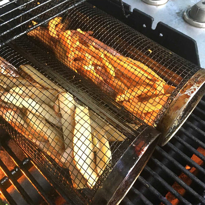 Essential rotating grill basket, a robust stainless steel BBQ accessory for consistent outdoor cooking.