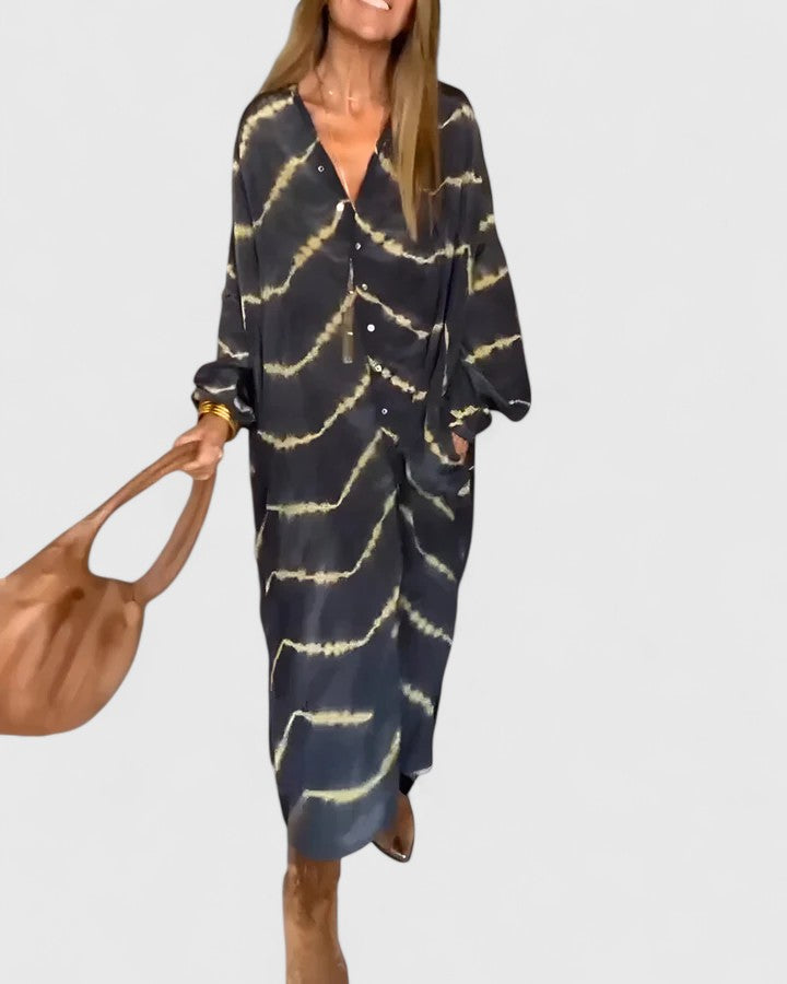 Gwenara Women's Boho Maxi Shirt Dress with long sleeves, V-neck, and stylish chevron print. Perfect for casual wear.
