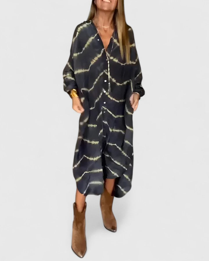 Stylish Gwenara boho maxi dress for women featuring long sleeves, a V-neck, and flowy silhouette. Ideal for fall & spring.