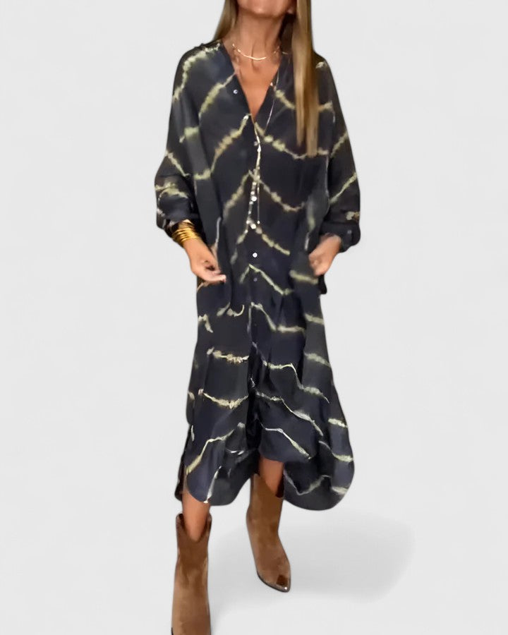Comfortable women's maxi shirt dress by Gwenara with chic chevron print, long sleeves, and a flattering V-neck.