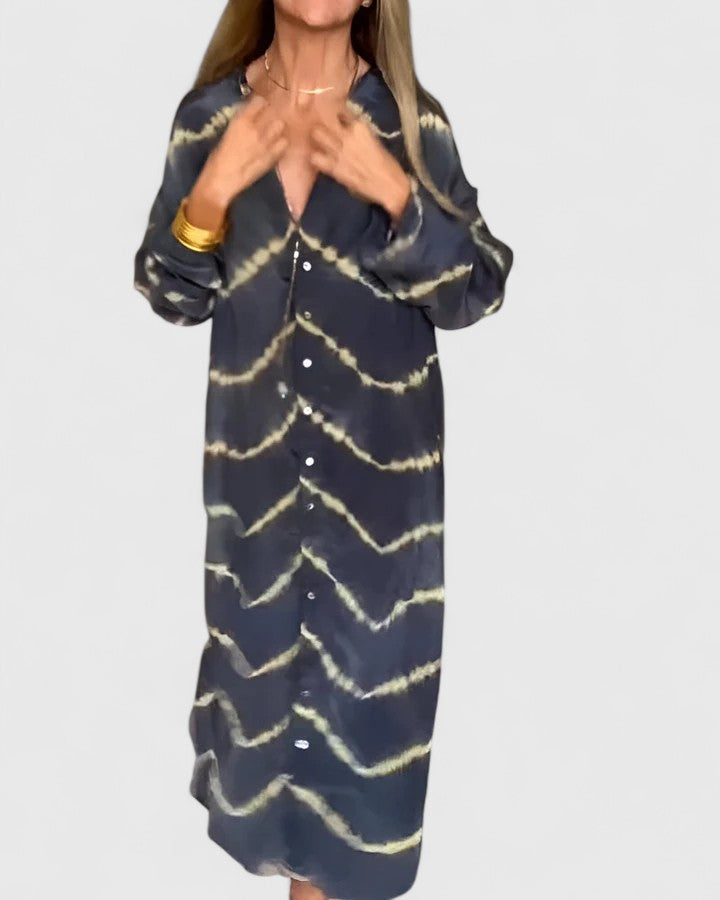 Gwenara long sleeve maxi dress for women. Boho style, chevron print, V-neck, comfortable & versatile for casual fashion.