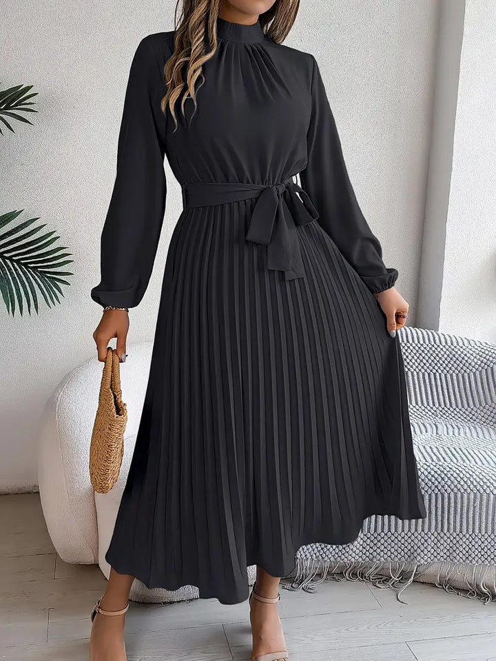 Women's belted pleated midi formal dress; versatile for wedding guests, work, or cocktail parties.