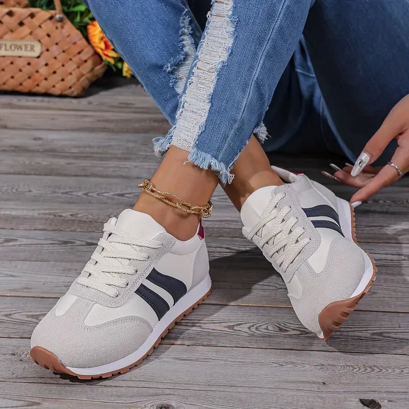 Navy blue women's retro lace-up casual sneakers, comfortable for walking & everyday style.