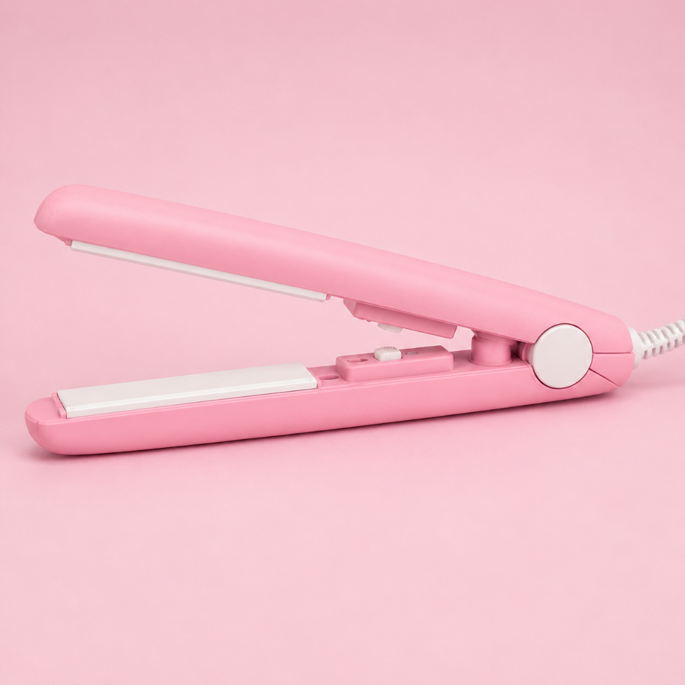 Women's portable mini hair curling iron for travel. Compact ceramic curler with on/off switch for quick styling.