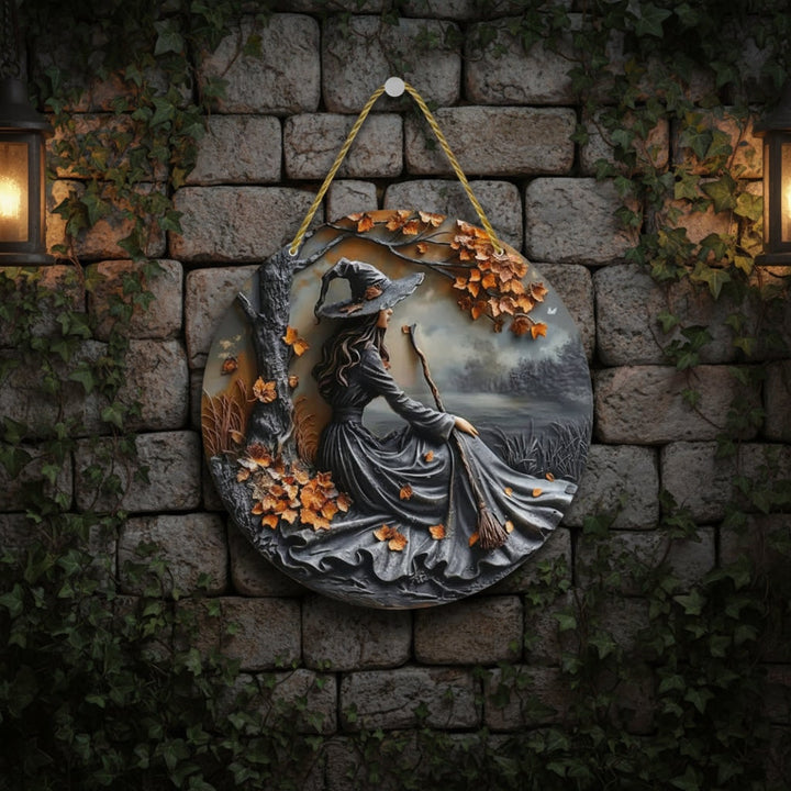 Resin 3D witch wall art with twisted rope hanger. Unique spooky Halloween plaque for home or outdoor seasonal decor.