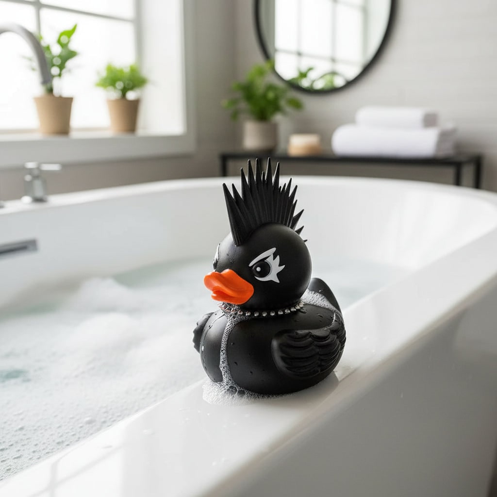 Novelty Halloween rubber duck ornament. Ideal for car dashboards, spooky home decor, or gifts.