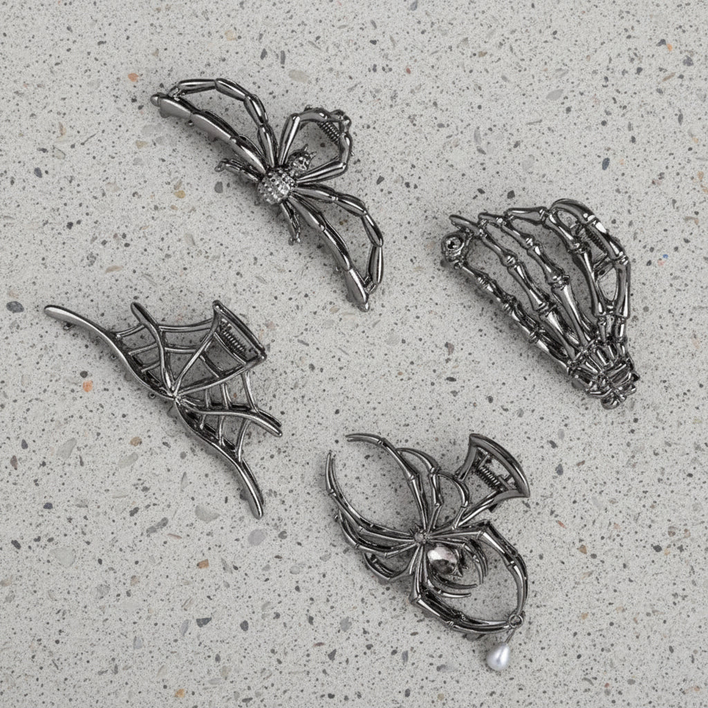 Women's Halloween hair clips set with spooky spider and bat designs, perfect for festive costumes & parties.
