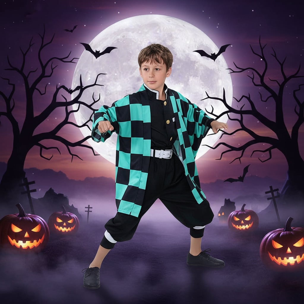Adult & kids anime cosplay set, including a vibrant checkered jacket, suitable for any dress-up party.