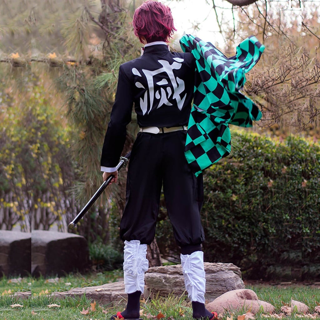 Complete anime character cosplay outfit: checkered jacket, pants, and fox mask for authentic dress-up.