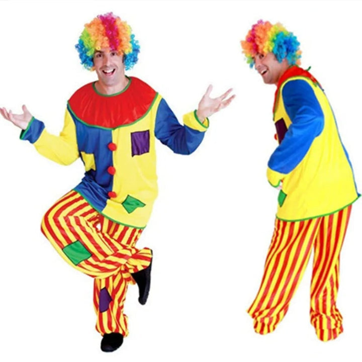 Vibrant unisex adult clown costume, perfect for Halloween, circus, carnival, or funny party dress-up.