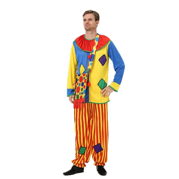 Colorful unisex adult clown costume, ideal for theater performances, Halloween, carnival, or festive parties.