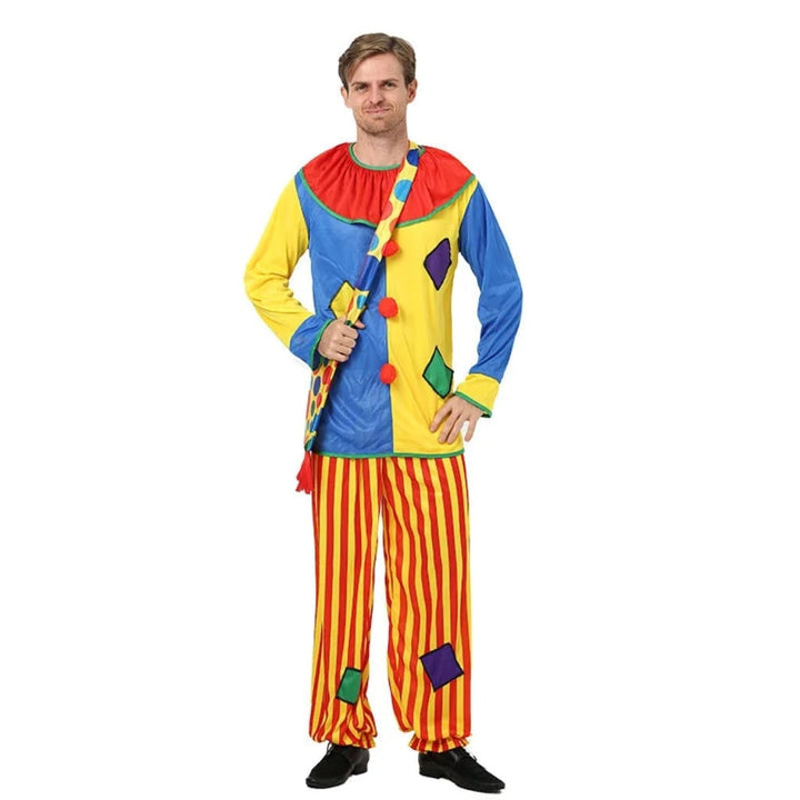 Adult unisex clown costume, a festive and funny outfit for Halloween, circus, or any dress-up party.