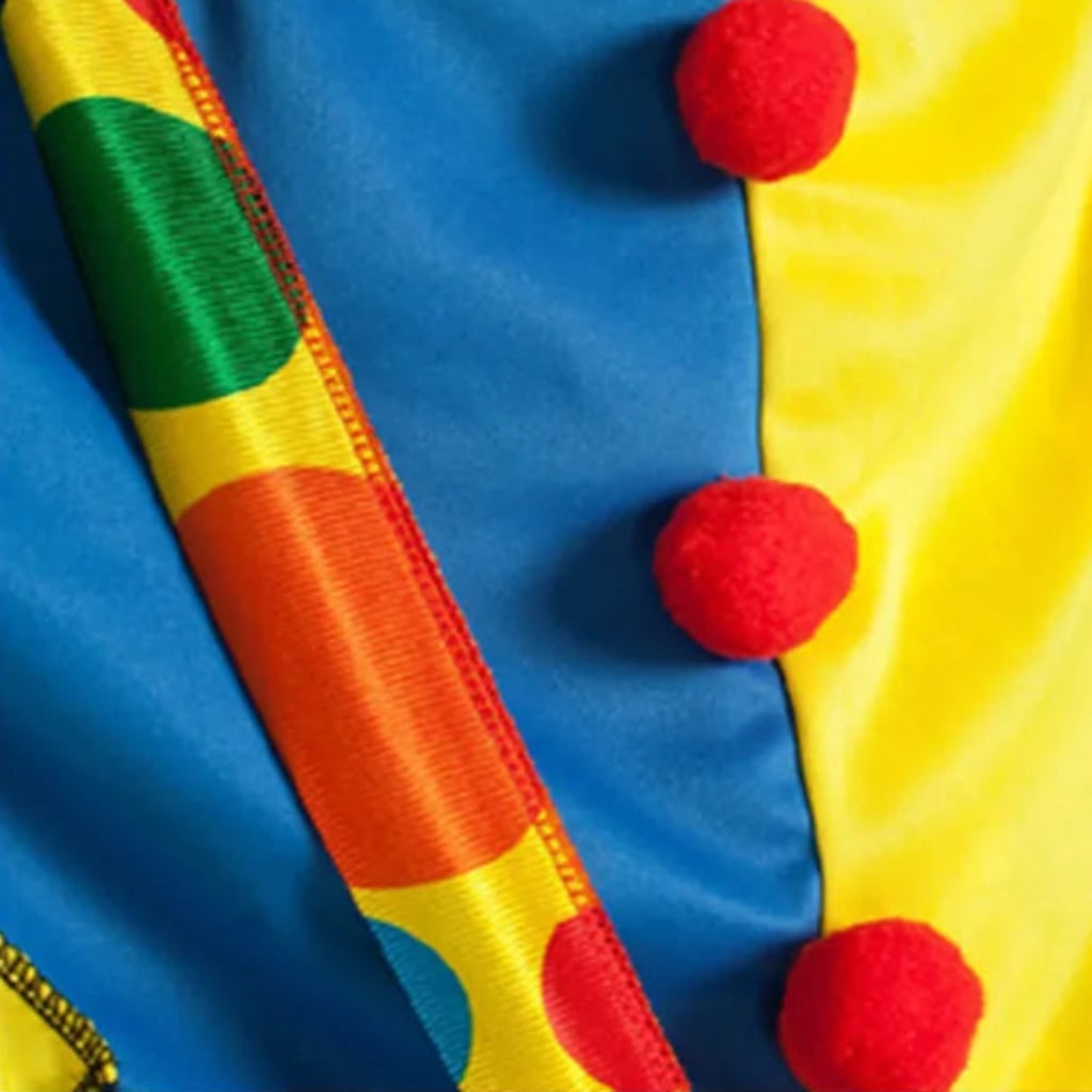 Bright, funny unisex adult clown outfit with playful details, great for Halloween, circus, and costume parties.