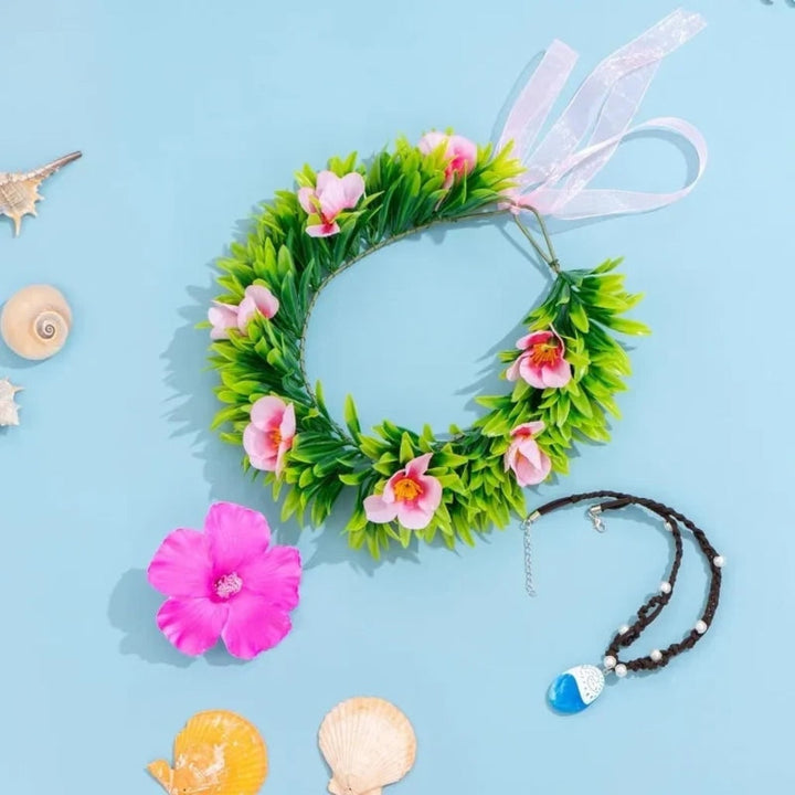 Vibrant tropical flower crown headband & matching necklace. Ideal for Halloween costume, luau, or beach party.
