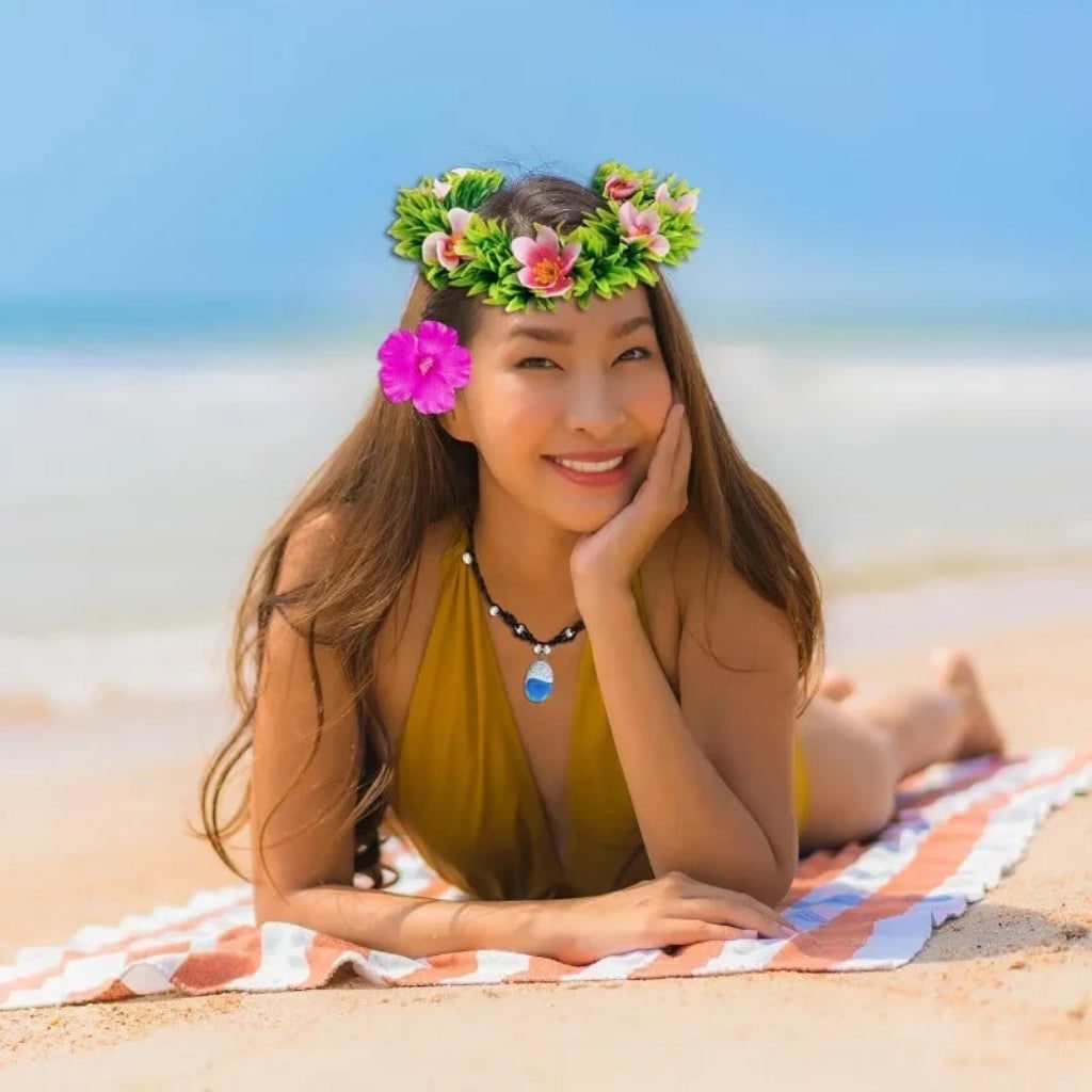 Bright tropical flower crown & necklace. Perfect luau costume, Halloween accessory, or summer party floral set.