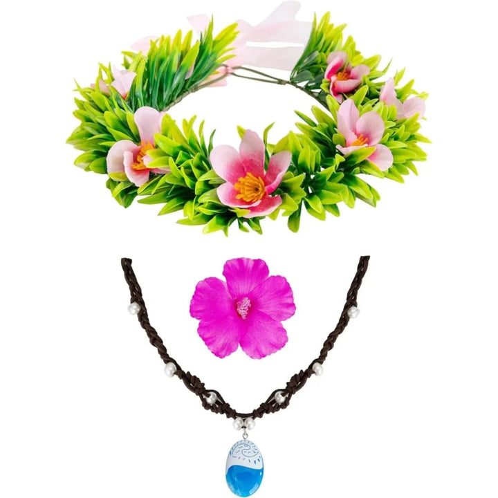 Fabric tropical flower crown headband & necklace. Fun unisex accessory for luau, Halloween costume, or summer party.