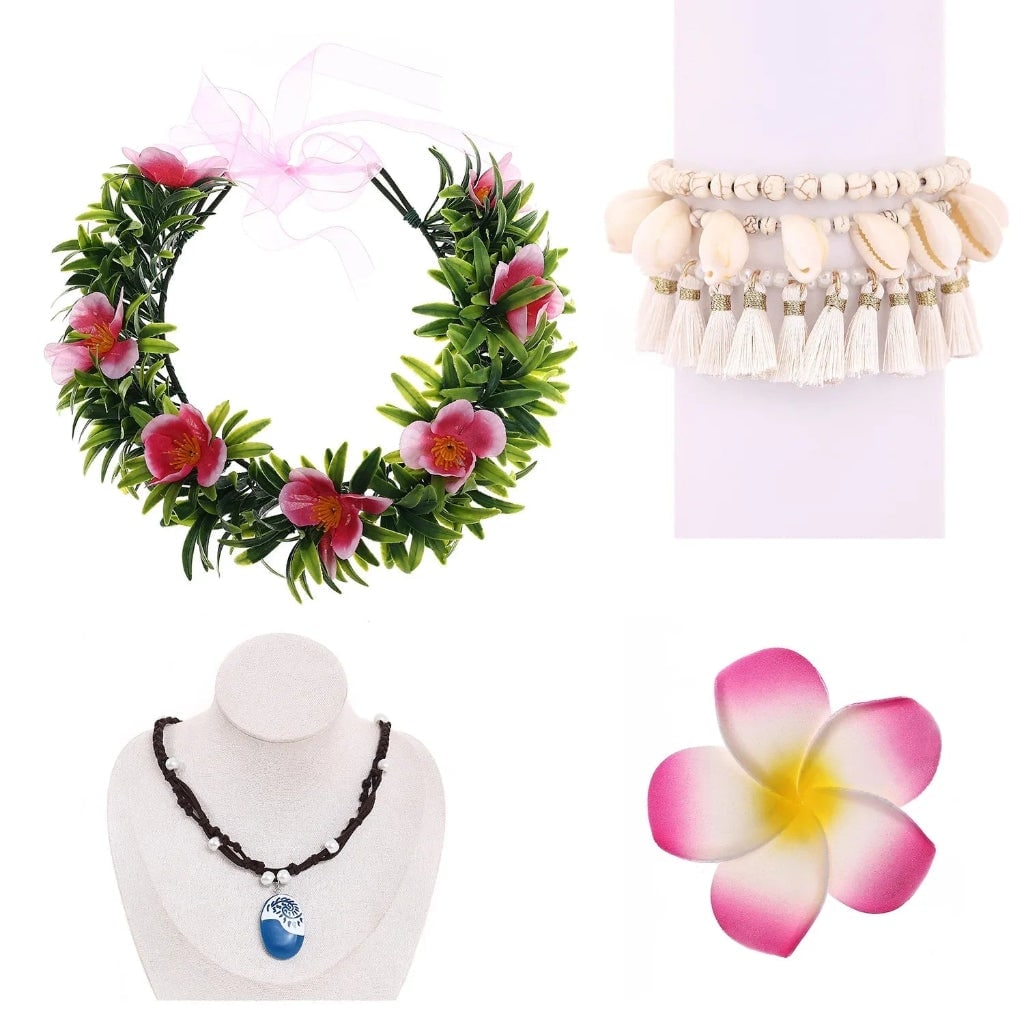 Tropical flower crown headband & necklace set. Complete unisex floral costume for Halloween, luau, or themed party.
