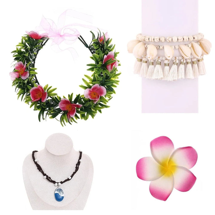 Tropical flower crown headband & necklace set. Complete unisex floral costume for Halloween, luau, or themed party.