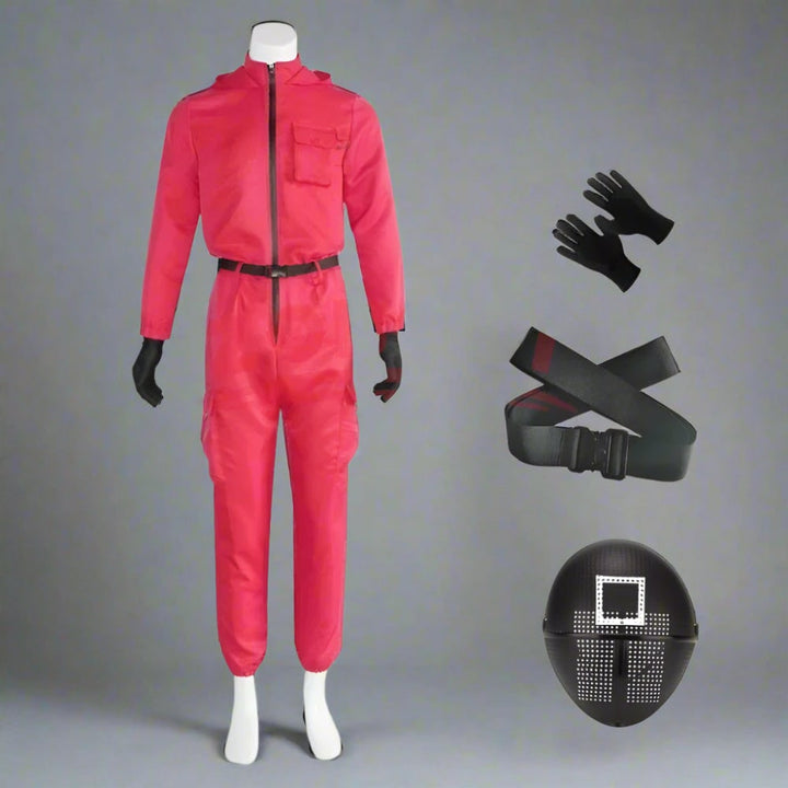 Front view of the striking red Halloween guard jumpsuit & mask, ideal for costume parties.