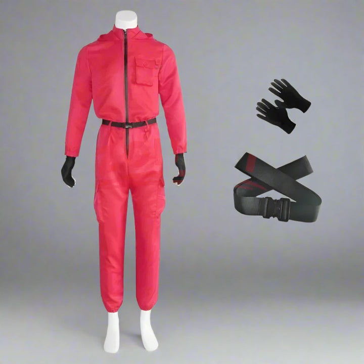 Dynamic shot of an adult in the Halloween guard jumpsuit costume, ready for cosplay.