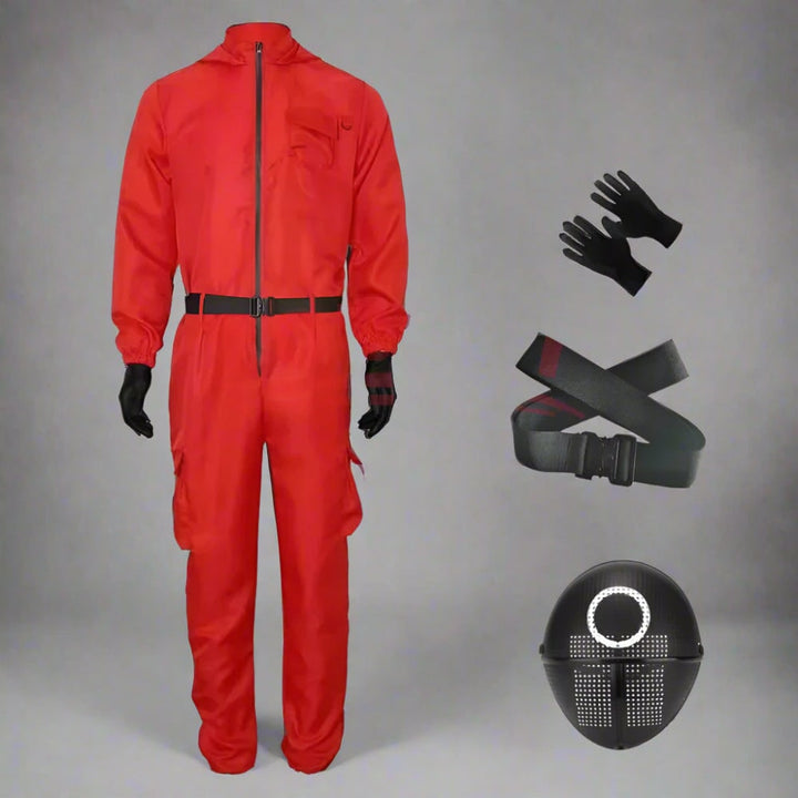 Unisex Halloween guard outfit: a comfortable jumpsuit & iconic mask for partygoers.
