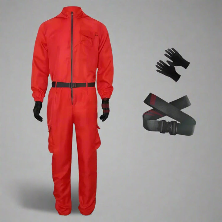 Full view of unique Halloween guard costume: red jumpsuit with black mask for adults.