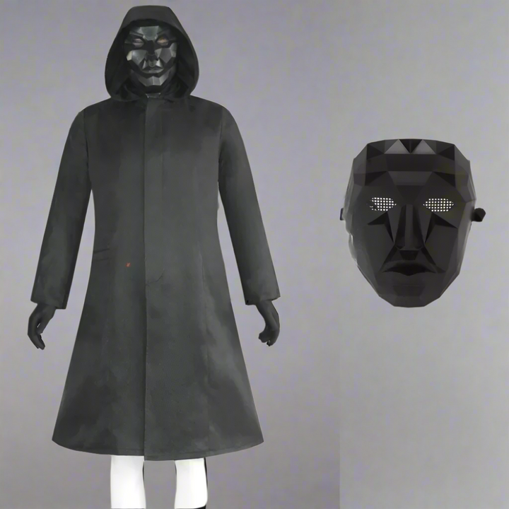 Mysterious Halloween guard jumpsuit costume with mask, perfect for themed adult parties.