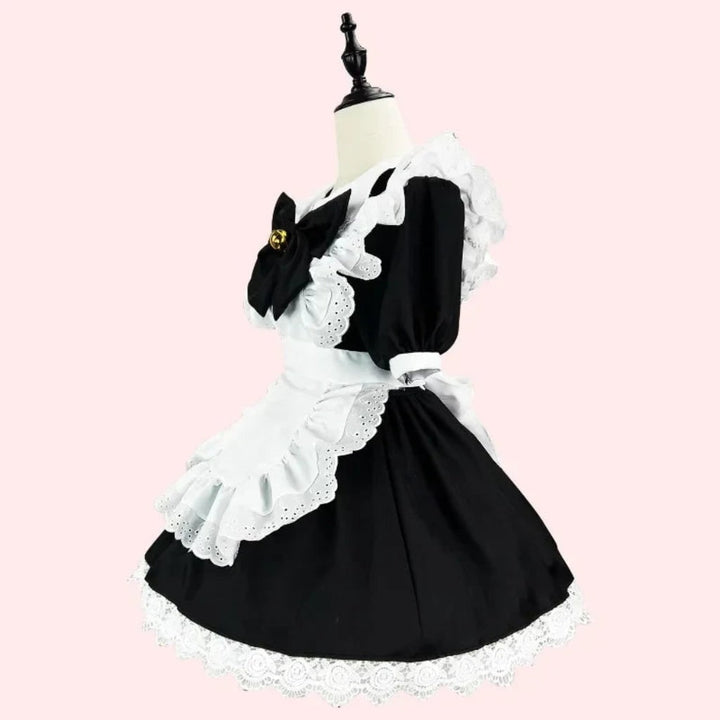 Elegant black Gothic Maid dress and apron set for women, ideal for Halloween parties or cosplay.