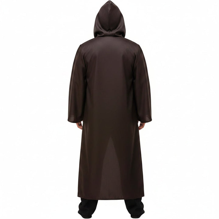 Men's long hooded adventure outfit, versatile for fantasy cosplay, Halloween costume, or wizard dressup.