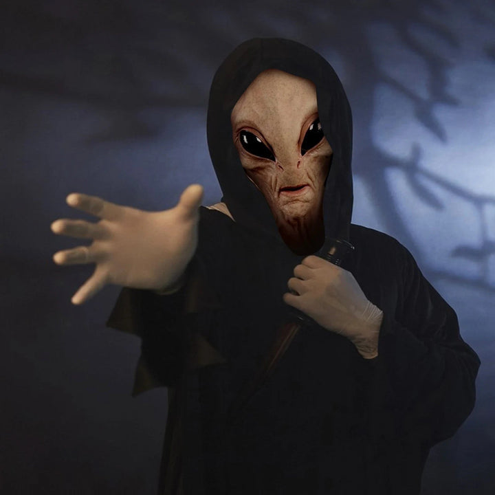 Realistic green alien full head mask for spooky Halloween costume party.