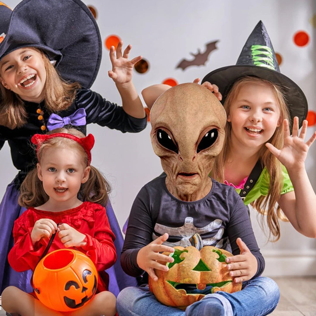 Realistic green alien full head mask for a spooky Halloween costume, sci-fi themed party or cosplay event.