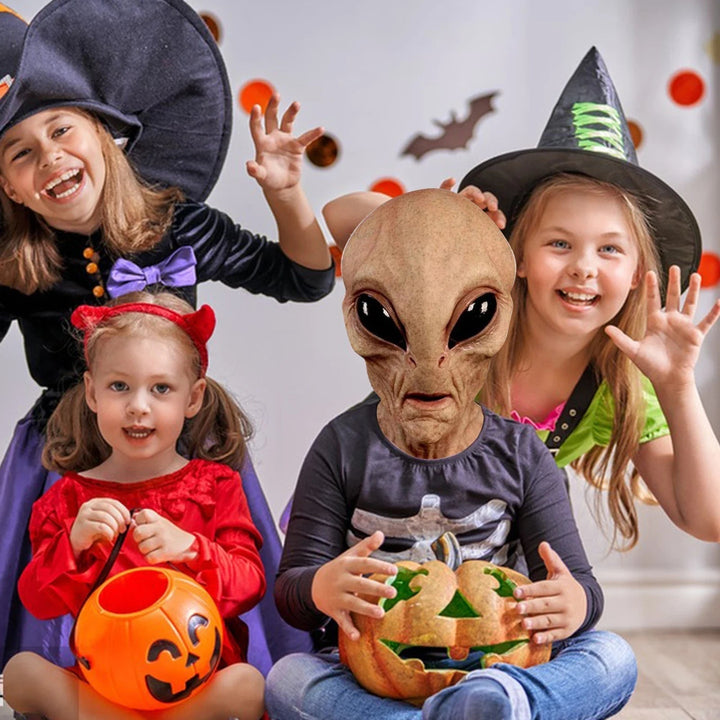 Realistic green alien full head mask for a spooky Halloween costume, sci-fi themed party or cosplay event.