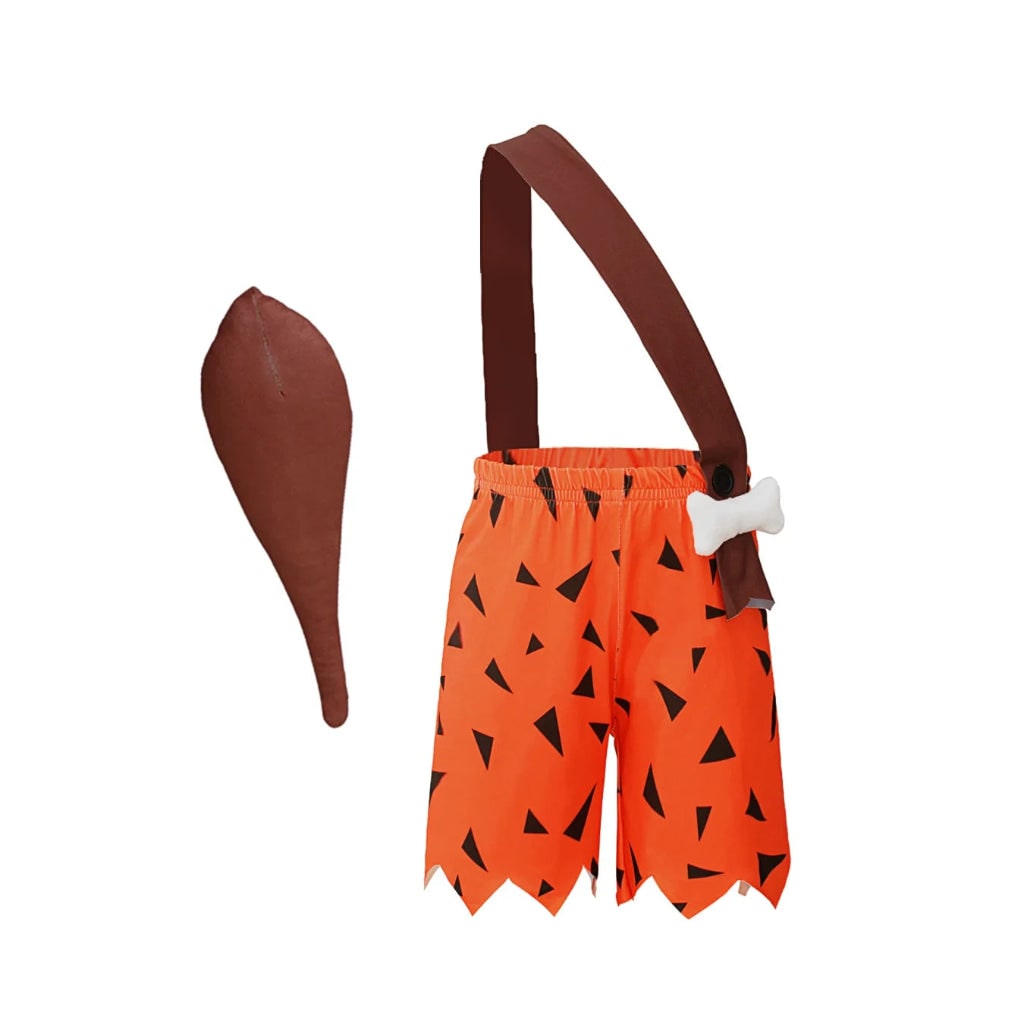Detailed kids' caveman costume with faux fur vest, animal print shorts, and bone club accessory for Stone Age role-play.