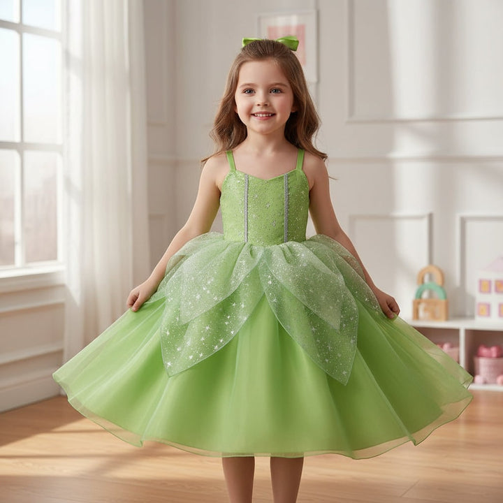 Girls' enchanting green fairy princess dress up costume set with wings, wand & headband for pretend play.