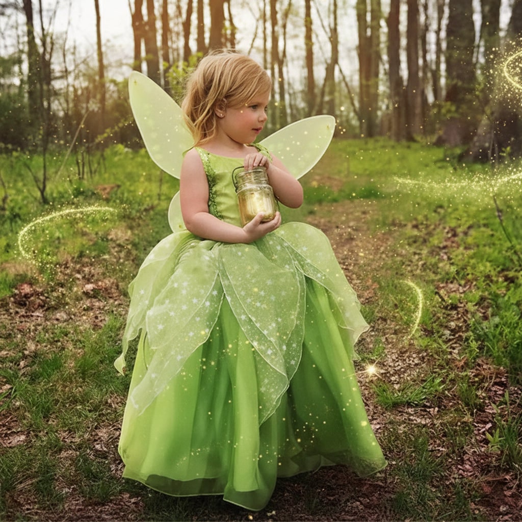 Shimmering green fairy princess dress-up costume for girls, featuring lace trim and floral accents.