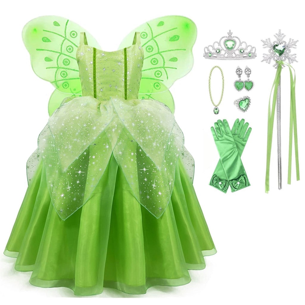 Child enjoying fantasy role play in a complete green fairy costume set, perfect for parties or Halloween.