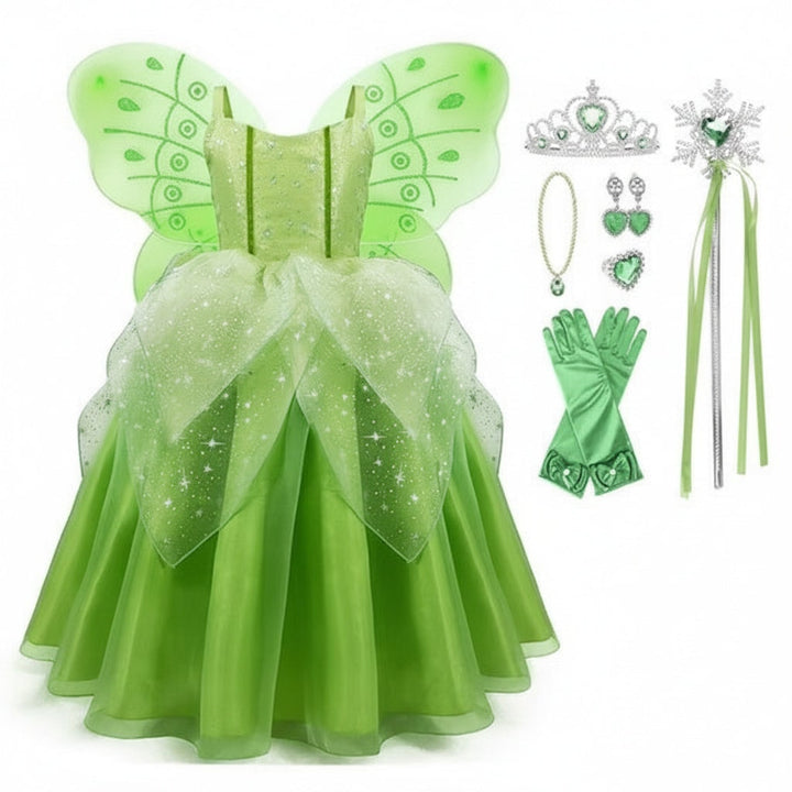 Detailed shot of the green fairy princess dress, highlighting the soft fabric and delicate embellishments.
