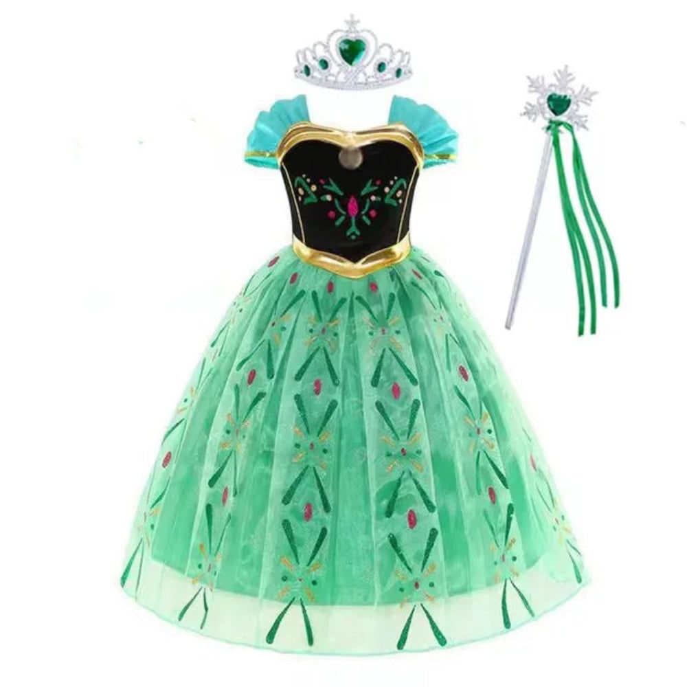 Girls' regal princess party outfit, perfect for roleplay and special occasions.