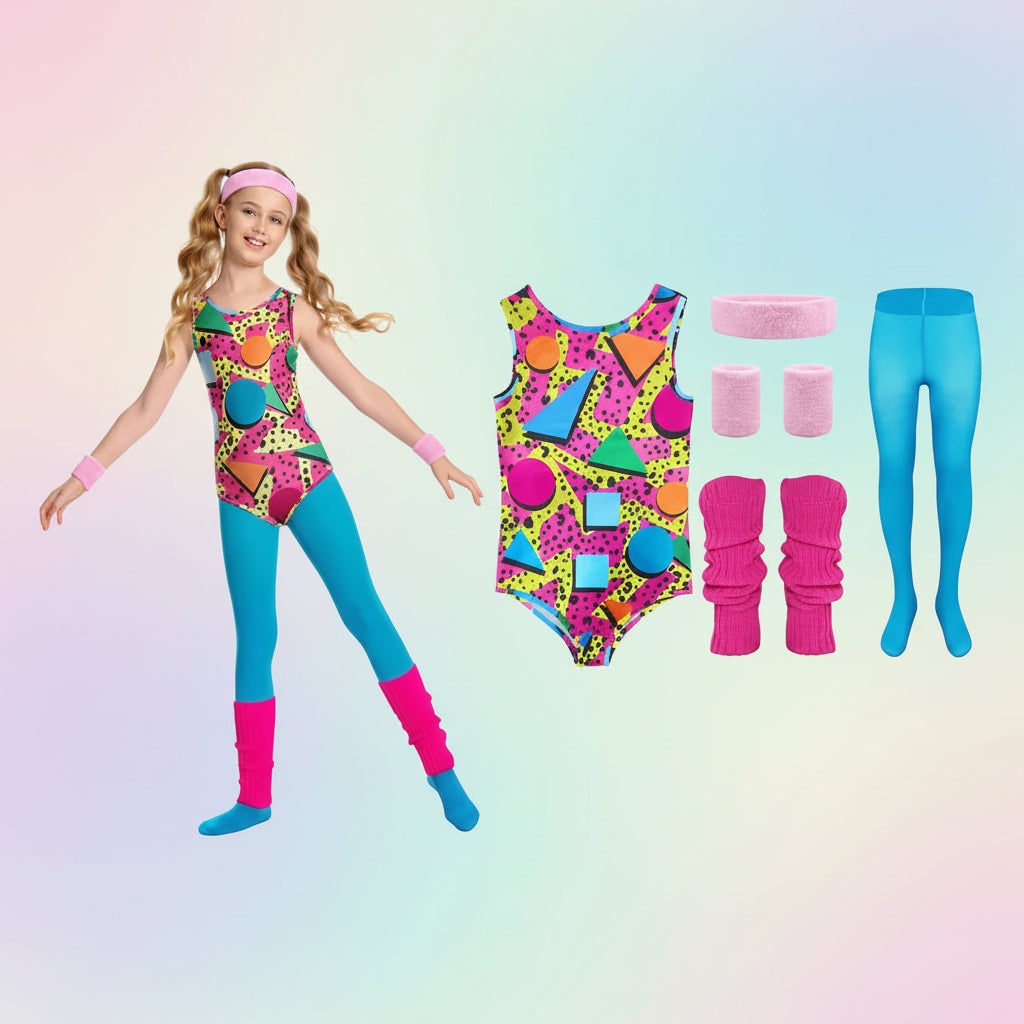 Girls retro 80s fitness Halloween costume set with leotard, leg warmers, headband, & belt. Perfect for dress-up.