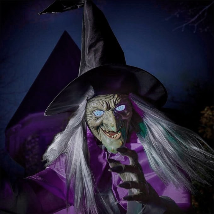 Large 5.9 ft hanging spooky witch Halloween prop, perfect outdoor decor for parties & entryway.