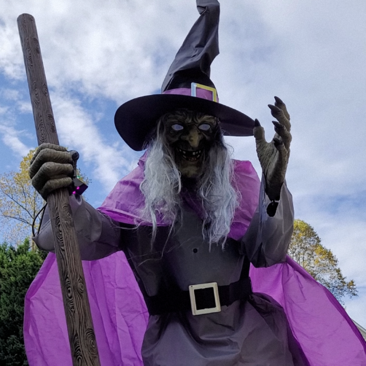 Outdoor Halloween yard sign featuring a 5.9 ft tall flying witch with a broomstick, ideal for spooky festive decor.